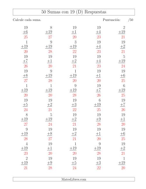 La hoja de ejercicios de 50 Sumas con 19 (D) Página 2