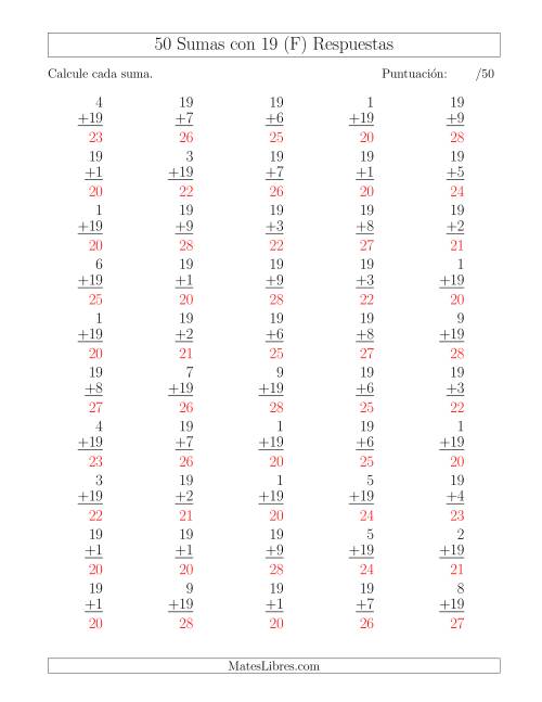 La hoja de ejercicios de 50 Sumas con 19 (F) Página 2