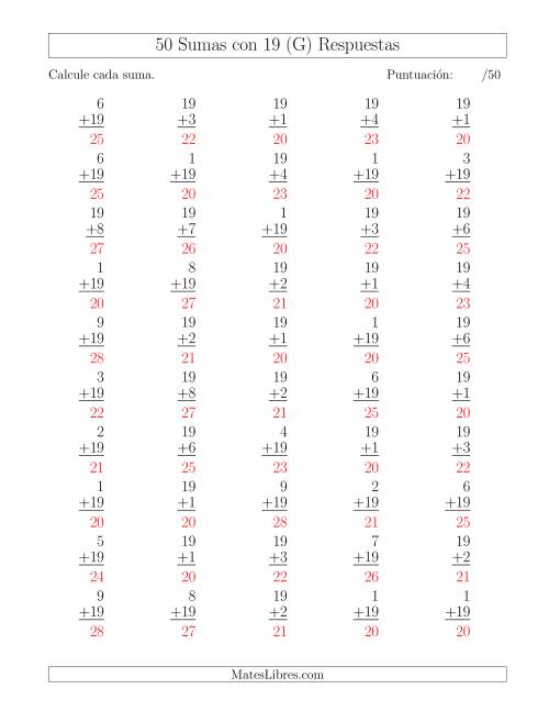 La hoja de ejercicios de 50 Sumas con 19 (G) Página 2