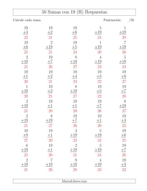 La hoja de ejercicios de 50 Sumas con 19 (H) Página 2