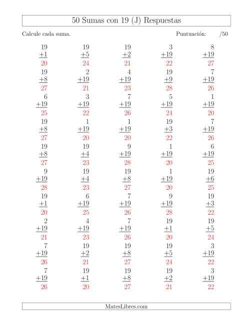 La hoja de ejercicios de 50 Sumas con 19 (J) Página 2