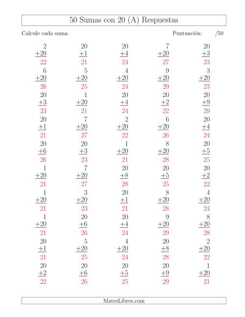 La hoja de ejercicios de 50 Sumas con 20 (A) Página 2