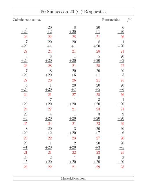 La hoja de ejercicios de 50 Sumas con 20 (G) Página 2