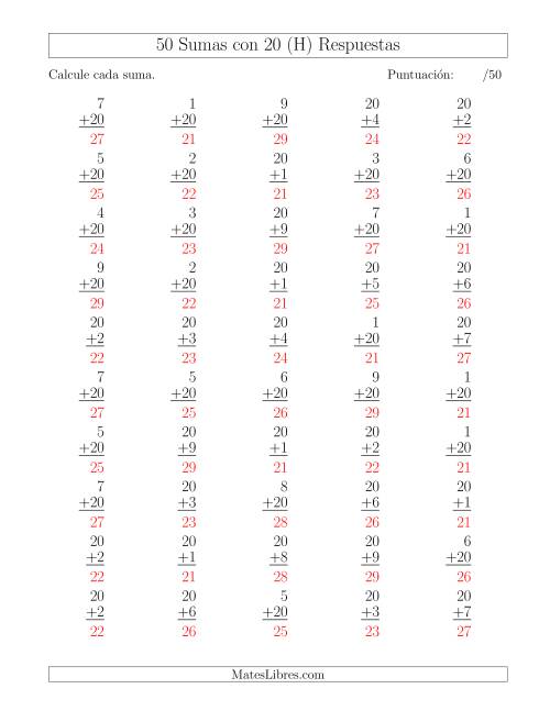 La hoja de ejercicios de 50 Sumas con 20 (H) Página 2
