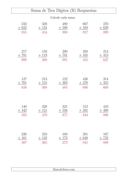 La hoja de ejercicios de Suma de Tres Dígitos más Tres Dígitos sin Acarreo (B) Página 2