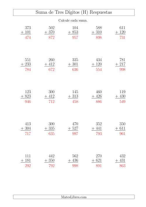 La hoja de ejercicios de Suma de Tres Dígitos más Tres Dígitos sin Acarreo (H) Página 2