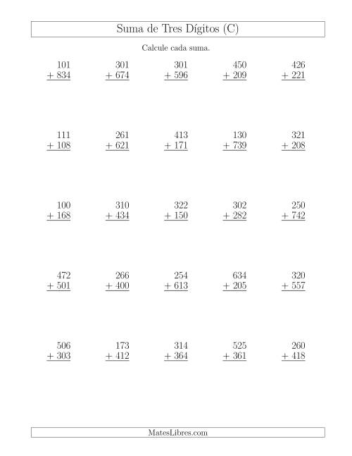 La hoja de ejercicios de Suma de Tres Dígitos más Tres Dígitos sin Acarreo (C)