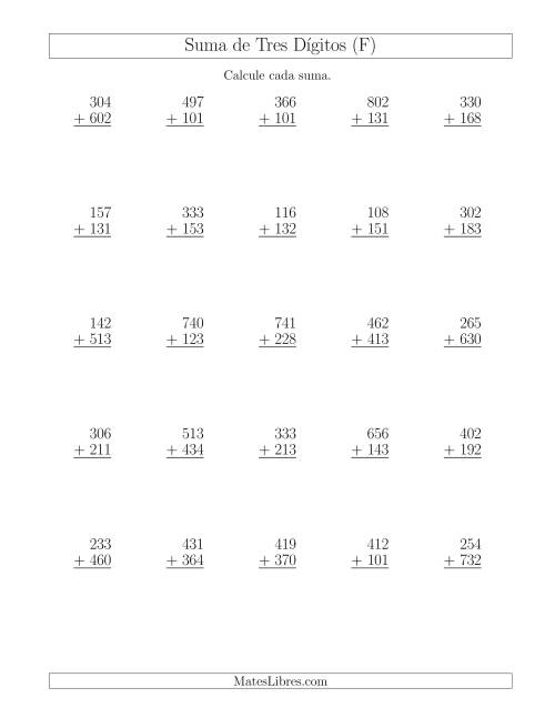 La hoja de ejercicios de Suma de Tres Dígitos más Tres Dígitos sin Acarreo (F)