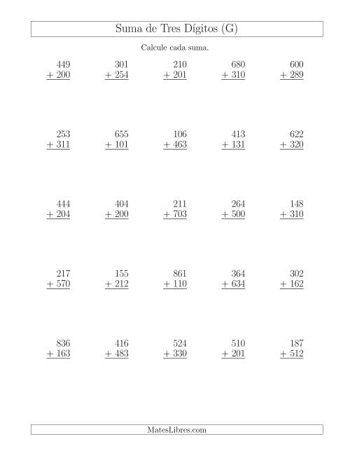 La hoja de ejercicios de Suma de Tres Dígitos más Tres Dígitos sin Acarreo (G)