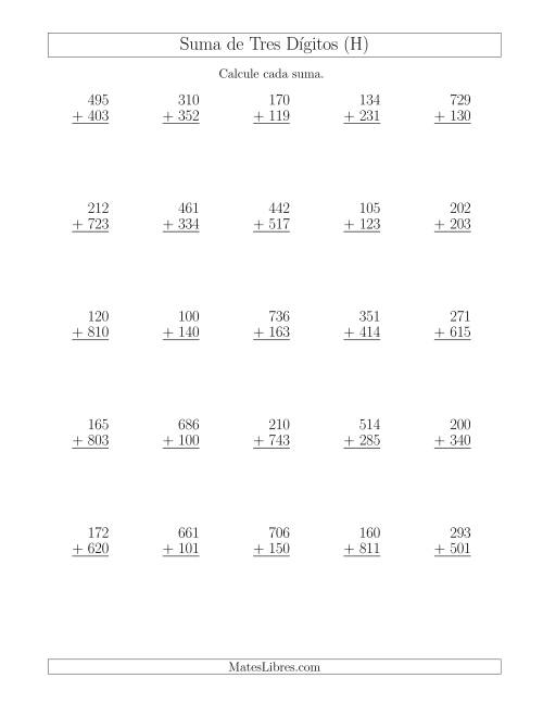 La hoja de ejercicios de Suma de Tres Dígitos más Tres Dígitos sin Acarreo (H)