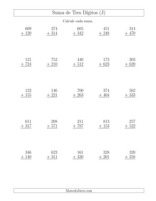 La hoja de ejercicios de Suma de Tres Dígitos más Tres Dígitos sin Acarreo (J)