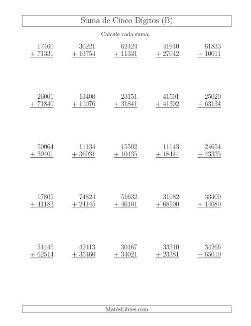 La hoja de ejercicios de Suma de Cinco Dígitos más Cinco Dígitos sin Acarreo (B)