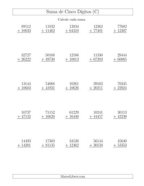 La hoja de ejercicios de Suma de Cinco Dígitos más Cinco Dígitos sin Acarreo (C)
