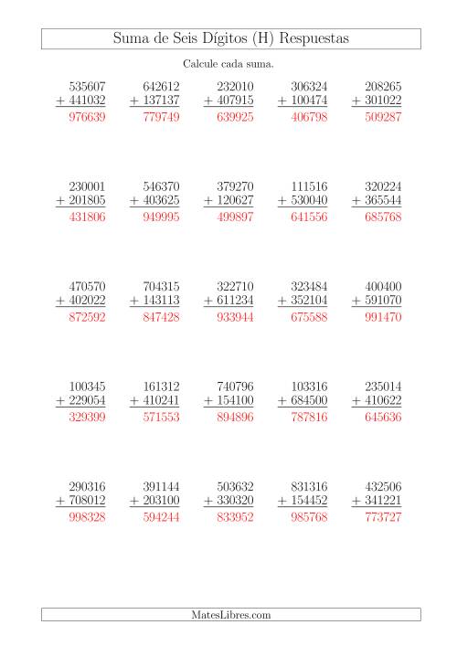 La hoja de ejercicios de Suma de Seis Dígitos más Seis Dígitos sin Acarreo (H) Página 2
