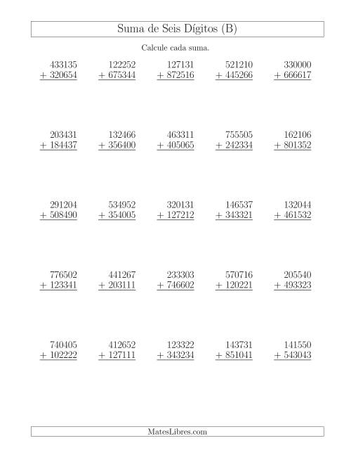 La hoja de ejercicios de Suma de Seis Dígitos más Seis Dígitos sin Acarreo (B)