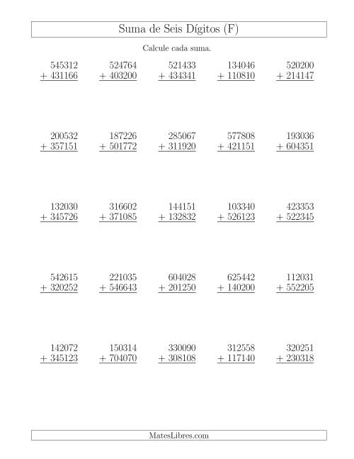 La hoja de ejercicios de Suma de Seis Dígitos más Seis Dígitos sin Acarreo (F)