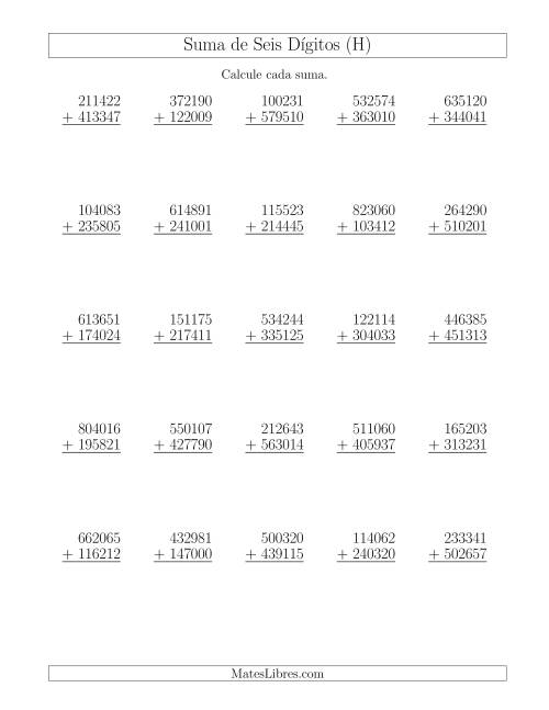 La hoja de ejercicios de Suma de Seis Dígitos más Seis Dígitos sin Acarreo (H)