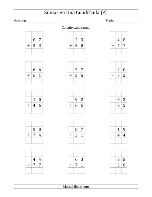 La hoja de ejercicios de Sumar Un Número de Dos Dígitos y Un Número de Dos Dígitos en Una Cuadrícula (A)