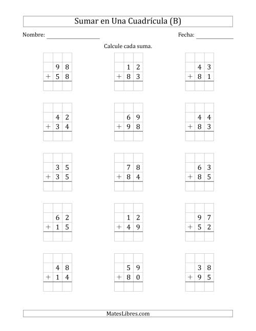 La hoja de ejercicios de Sumar Un Número de Dos Dígitos y Un Número de Dos Dígitos en Una Cuadrícula (B)