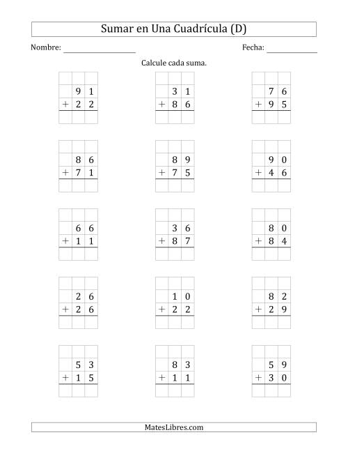 La hoja de ejercicios de Sumar Un Número de Dos Dígitos y Un Número de Dos Dígitos en Una Cuadrícula (D)