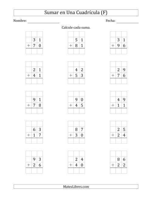 La hoja de ejercicios de Sumar Un Número de Dos Dígitos y Un Número de Dos Dígitos en Una Cuadrícula (F)