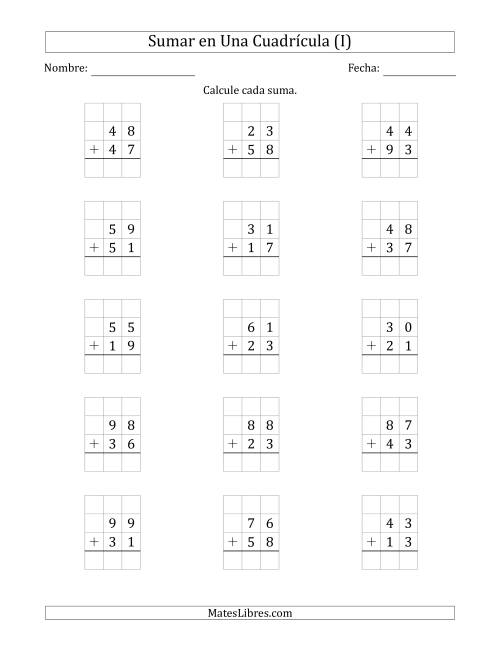 La hoja de ejercicios de Sumar Un Número de Dos Dígitos y Un Número de Dos Dígitos en Una Cuadrícula (I)