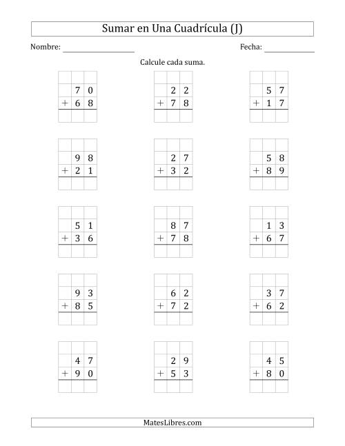 La hoja de ejercicios de Sumar Un Número de Dos Dígitos y Un Número de Dos Dígitos en Una Cuadrícula (J)