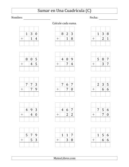 La hoja de ejercicios de Sumar Un Número de Tres Dígitos y Un Número de Dos Dígitos en Una Cuadrícula (C)