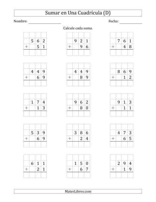 La hoja de ejercicios de Sumar Un Número de Tres Dígitos y Un Número de Dos Dígitos en Una Cuadrícula (D)