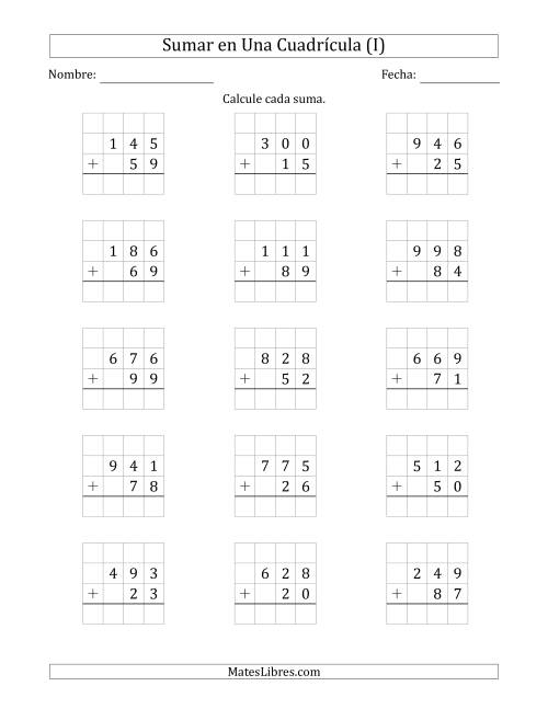 La hoja de ejercicios de Sumar Un Número de Tres Dígitos y Un Número de Dos Dígitos en Una Cuadrícula (I)