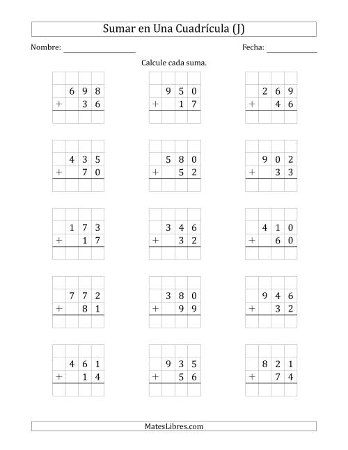 La hoja de ejercicios de Sumar Un Número de Tres Dígitos y Un Número de Dos Dígitos en Una Cuadrícula (J)
