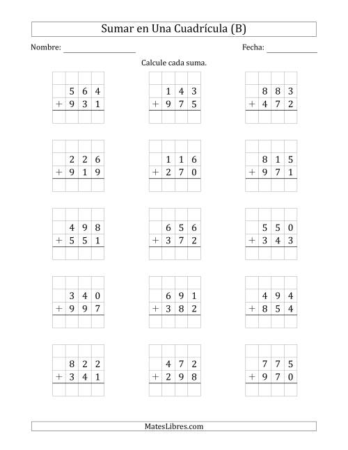 La hoja de ejercicios de Sumar Un Número de Tres Dígitos y Un Número de Tres Dígitos en Una Cuadrícula (B)