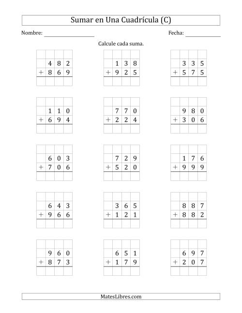 La hoja de ejercicios de Sumar Un Número de Tres Dígitos y Un Número de Tres Dígitos en Una Cuadrícula (C)