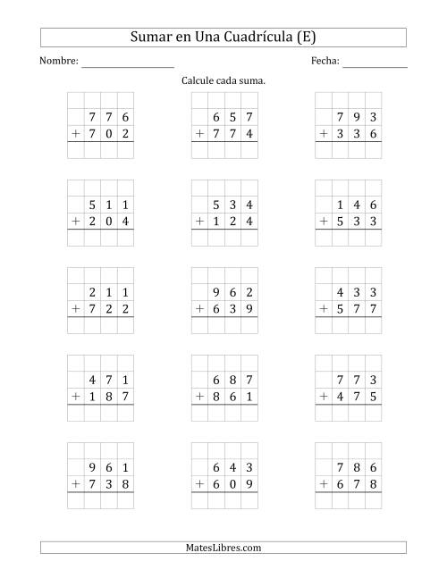 La hoja de ejercicios de Sumar Un Número de Tres Dígitos y Un Número de Tres Dígitos en Una Cuadrícula (E)