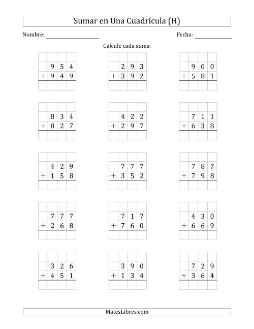 La hoja de ejercicios de Sumar Un Número de Tres Dígitos y Un Número de Tres Dígitos en Una Cuadrícula (H)