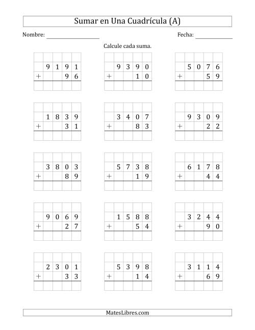 La hoja de ejercicios de Sumar Un Número de Cuatro Dígitos y Un Número de Dos Dígitos en Una Cuadrícula (A)