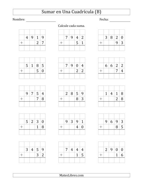 La hoja de ejercicios de Sumar Un Número de Cuatro Dígitos y Un Número de Dos Dígitos en Una Cuadrícula (B)