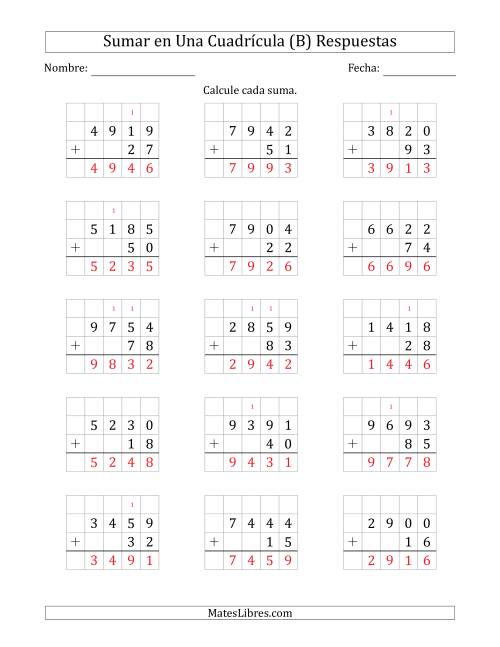 La hoja de ejercicios de Sumar Un Número de Cuatro Dígitos y Un Número de Dos Dígitos en Una Cuadrícula (B) Página 2