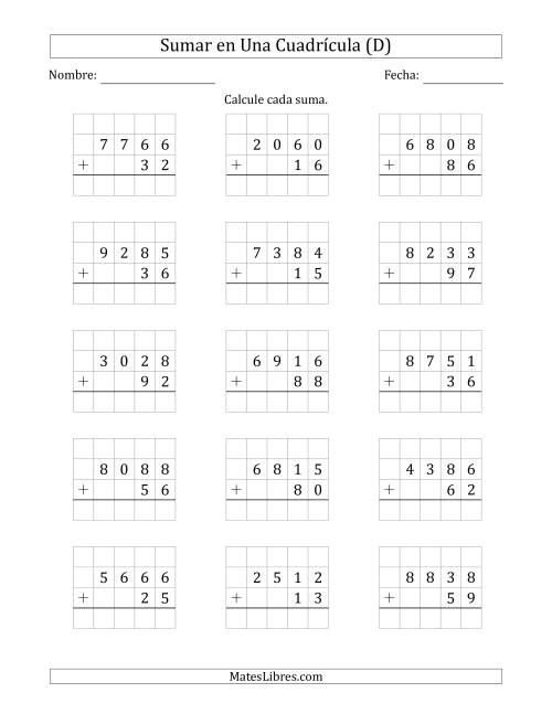 La hoja de ejercicios de Sumar Un Número de Cuatro Dígitos y Un Número de Dos Dígitos en Una Cuadrícula (D)