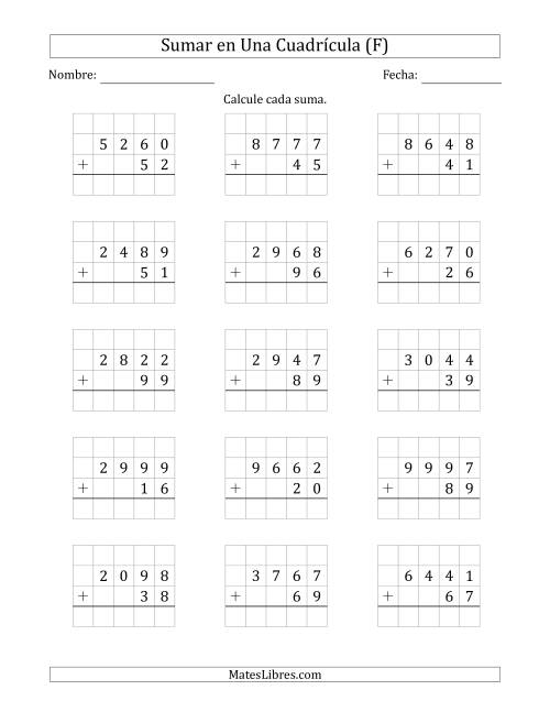 La hoja de ejercicios de Sumar Un Número de Cuatro Dígitos y Un Número de Dos Dígitos en Una Cuadrícula (F)