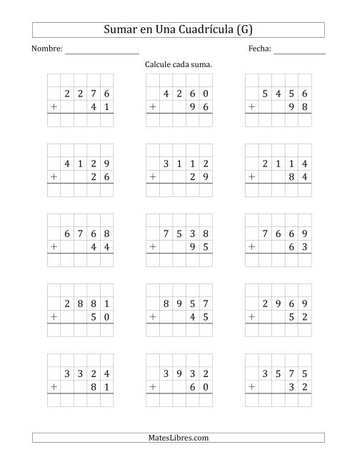 La hoja de ejercicios de Sumar Un Número de Cuatro Dígitos y Un Número de Dos Dígitos en Una Cuadrícula (G)