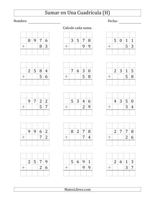 La hoja de ejercicios de Sumar Un Número de Cuatro Dígitos y Un Número de Dos Dígitos en Una Cuadrícula (H)