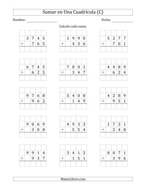 La hoja de ejercicios de Sumar Un Número de Cuatro Dígitos y Un Número de Tres Dígitos en Una Cuadrícula (C)