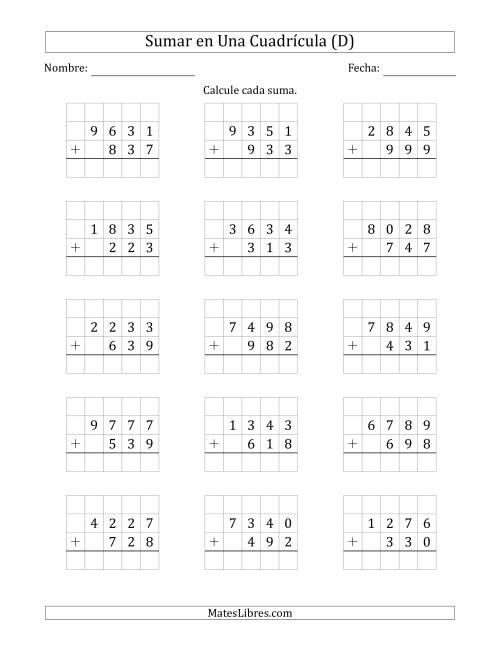 La hoja de ejercicios de Sumar Un Número de Cuatro Dígitos y Un Número de Tres Dígitos en Una Cuadrícula (D)