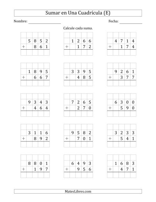 La hoja de ejercicios de Sumar Un Número de Cuatro Dígitos y Un Número de Tres Dígitos en Una Cuadrícula (E)