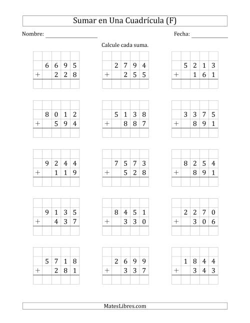 La hoja de ejercicios de Sumar Un Número de Cuatro Dígitos y Un Número de Tres Dígitos en Una Cuadrícula (F)