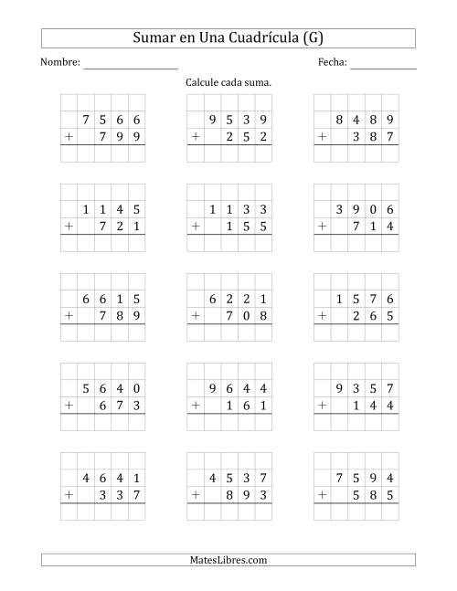 La hoja de ejercicios de Sumar Un Número de Cuatro Dígitos y Un Número de Tres Dígitos en Una Cuadrícula (G)