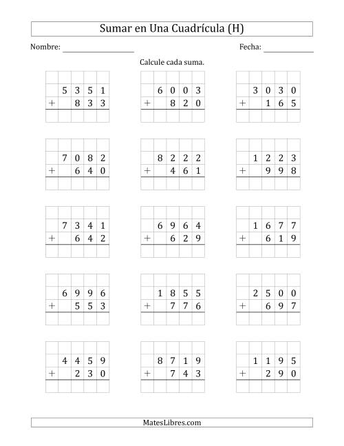La hoja de ejercicios de Sumar Un Número de Cuatro Dígitos y Un Número de Tres Dígitos en Una Cuadrícula (H)