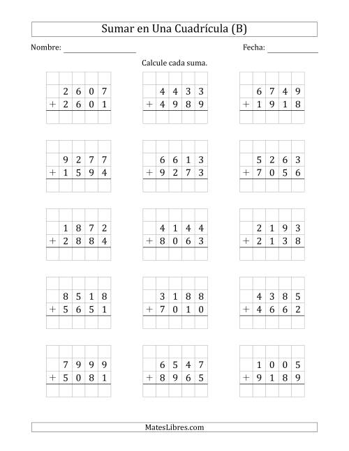 La hoja de ejercicios de Sumar Un Número de Cuatro Dígitos y Un Número de Cuatro Dígitos en Una Cuadrícula (B)