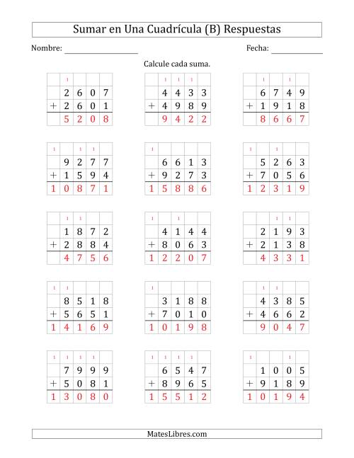 La hoja de ejercicios de Sumar Un Número de Cuatro Dígitos y Un Número de Cuatro Dígitos en Una Cuadrícula (B) Página 2